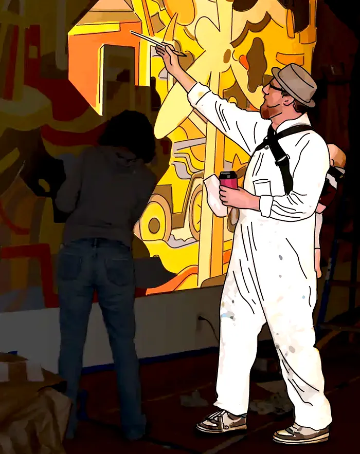 Startbild, ein Mann in Malerkleidung mit einem Baby auf dem Rücken malt an dem Wandbild. Mann, Baby und Wandbild sind nachgezeichnet und somit hervorgehoben.