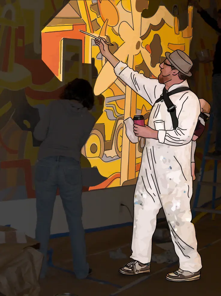 Startbild, ein Mann in Malerkleidung mit einem Baby auf dem Rücken malt an dem Wandbild. Mann, Baby und Wandbild sind nachgezeichnet und somit hervorgehoben.
