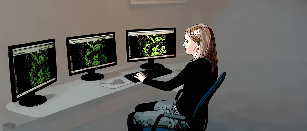 Eine Frau sitzt vor Monitoren mit Geo- und Wetterdatenanzeigen. Die Frau und die Monitore mit den Daten wurden nachgezeichnet - somit liegt der Fokus auf ihnen.