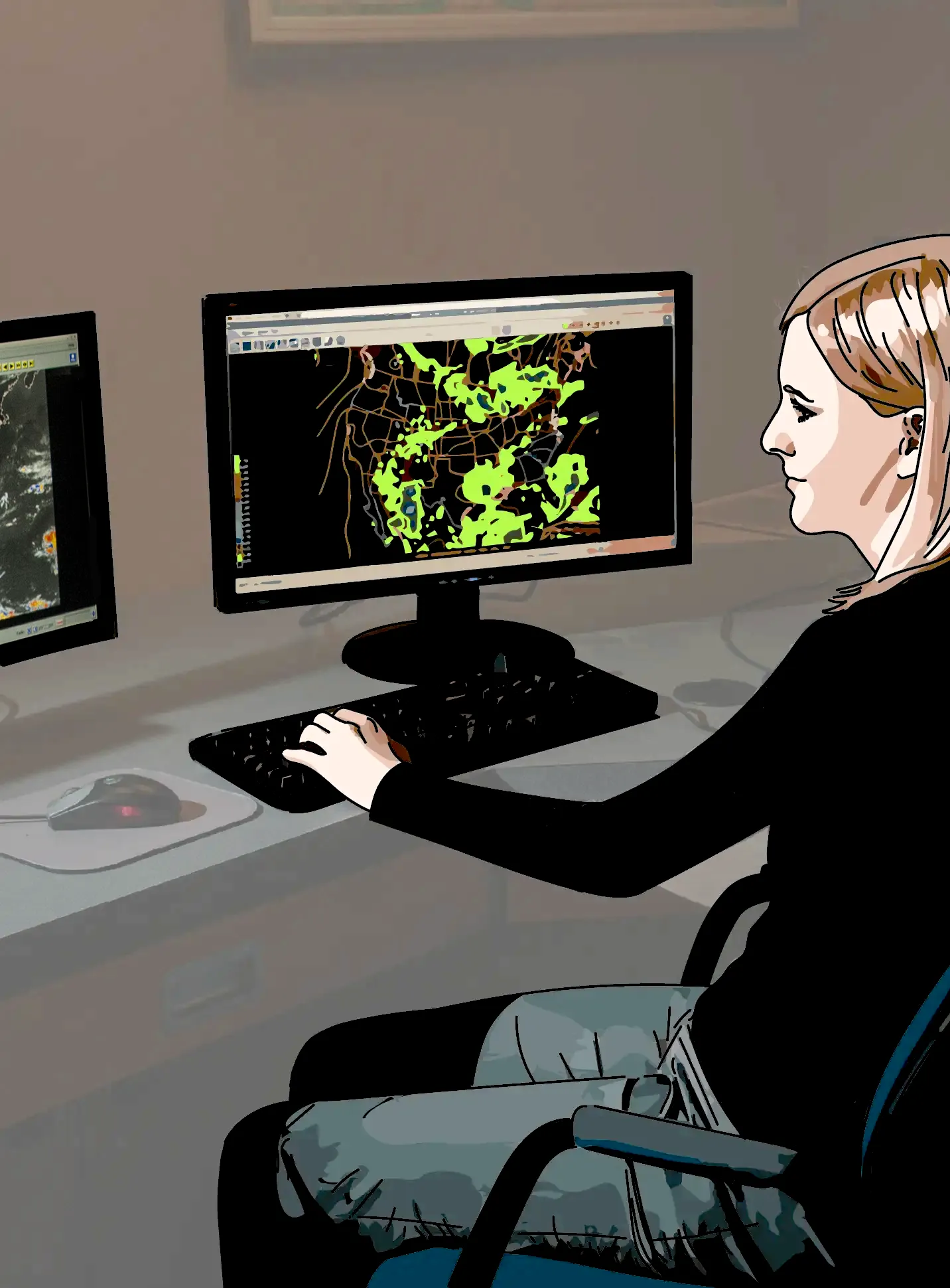 Eine Frau sitzt vor Monitoren mit Geo- und Wetterdatenanzeigen. Die Frau und die Monitore mit den Daten wurden nachgezeichnet - somit liegt der Fokus auf ihnen.
