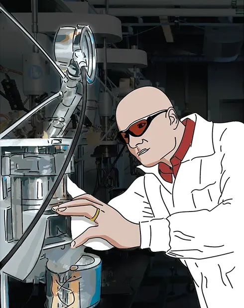 Ein Mann arbeitet in einem Labor. Er trägt eine Schutzbrille und schaut Konzentriert auf sein Projekt. Durch das Nachzeichnen tritt auch hier eine Hervorhebung der Person und auch der Technik ein.