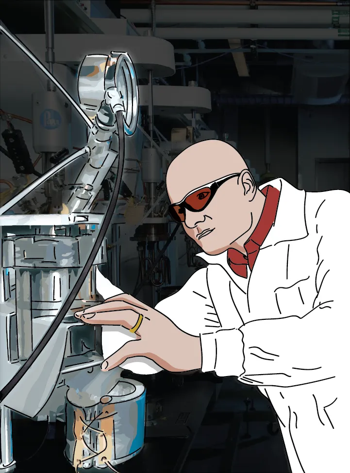 Ein Mann arbeitet in einem Labor. Er trägt eine Schutzbrille und schaut konzentriert auf sein Projekt. Durch das Nachzeichnen tritt auch hier eine Hervorhebung der Person und auch der Technik ein.