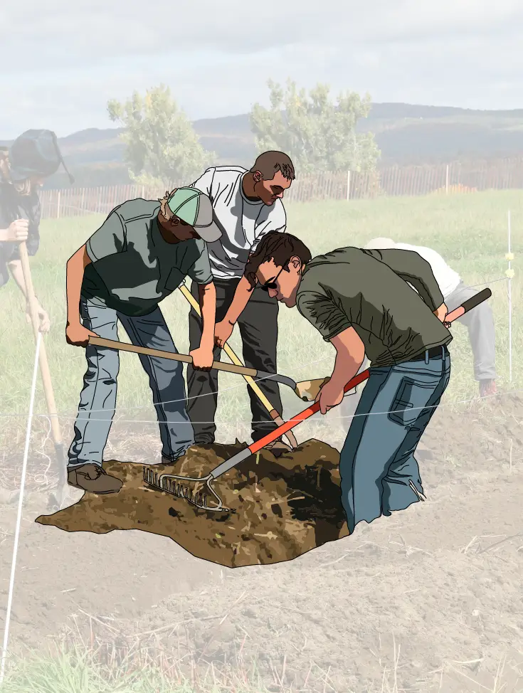 Studierende bei der Gartenarbeit - drei Studierende mit Gartengeräten auf einem abgetrennten Stück Feld. Die Personen und ein Teil des Bodens wurden nachgezeichnet und damit fokussiert.