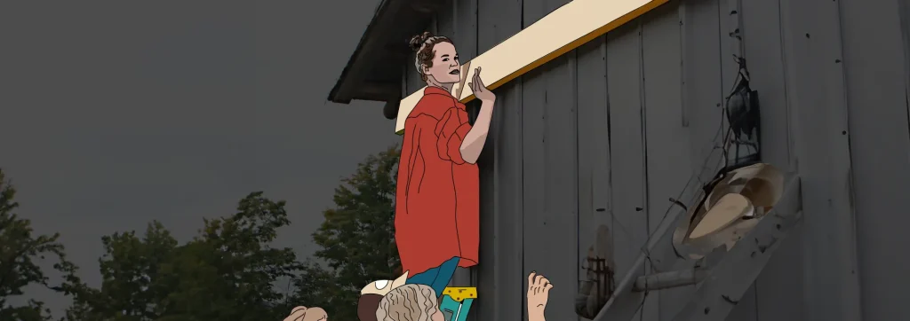 "Campus-Gemeinschaftstag" - Mehrere Studierende arbeiten gemeinsam an einem Bauprojekt. Eine junge Frau steht auf einer Leiter und hebt ein Brett an das Gebäude. Die anderen stehen unten und sichern und helfen. Die Personen und das Holzbrett wurden nachgezeichnet und somit fokussiert.