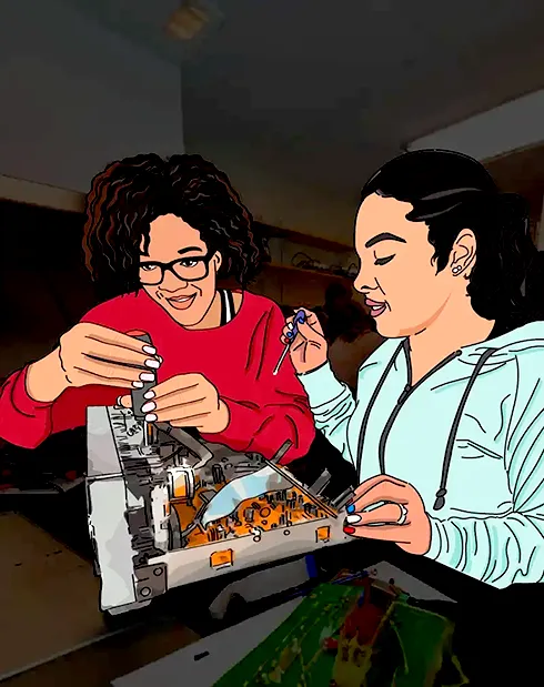 Zwei Mädchen arbeiten an einem aufgeschraubten Computer. Die beiden und die Technik wurden nachgezeichnet und somit hervorgehoben.