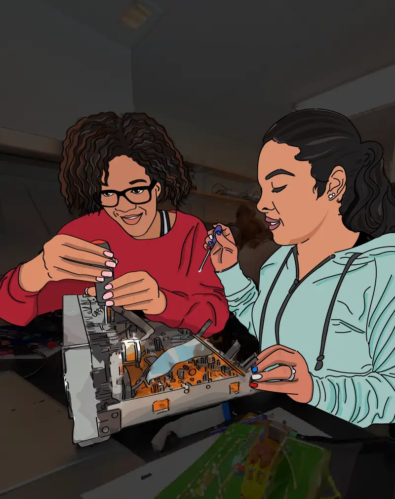 Zwei Mädchen arbeiten an einem aufgeschraubten Computer. Die beiden und die Technik wurden nachgezeichnet und somit hervorgehoben.