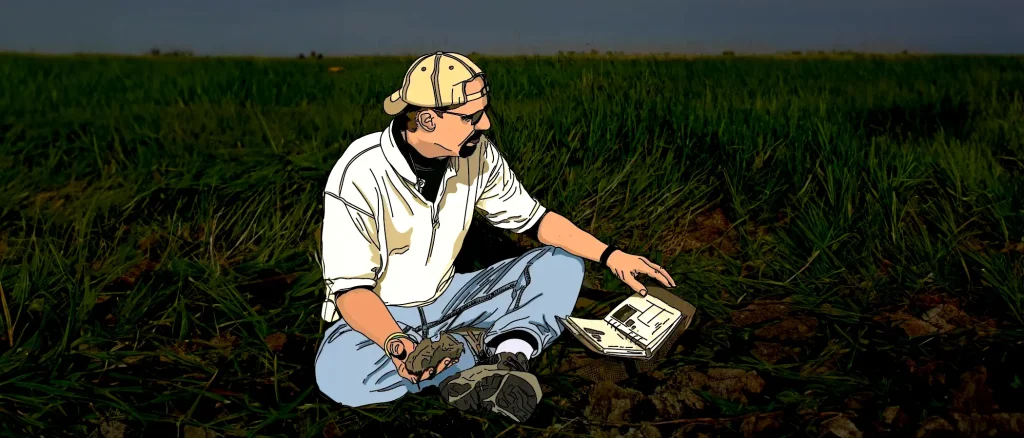 Bodenkundler bei der Arbeit. Ein Mann sitzt auf einem Feld und hält Erde in einer Hand, während er in ein Notizbuch schaut. Der Mann mit der Bodenprobe in der Hand und das Notizbuch wurden nachgezeichnet - somit wird der Fokus auf Mensch und Arbeit gerichtet.