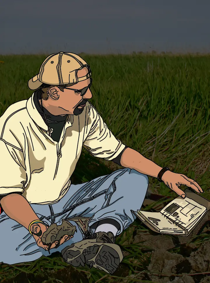 Bodenkundler bei der Arbeit. Ein Mann sitzt auf einem Feld und hält Erde in einer Hand, während er in ein Notizbuch schaut. Der Mann mit der Bodenprobe in der Hand und das Notizbuch wurden nachgezeichnet - somit wird der Fokus auf Mensch und Arbeit gerichtet.