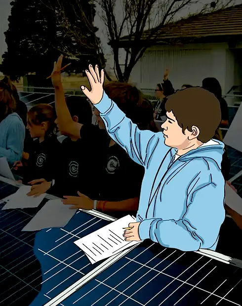 Startbild; ein Junge in einer Gruppe von Kindern, die an Solarpaneelen stehen, hebt für eine Meldung die Hand. Um den Jungen und die Technik hervorzuheben, wurde beides nachgezeichnet und der Hintergrund etwas abgeschwächt.